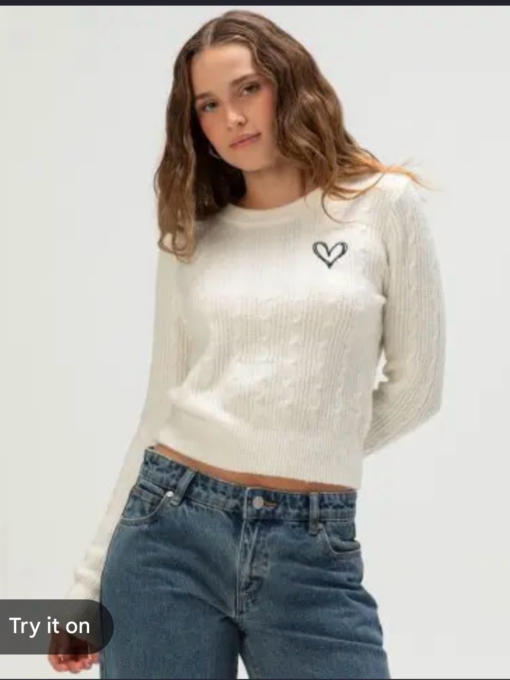 Madden Girl Cream Cable Knit Sweater Black Heart Crew Neck RAI3431 NWT Medium